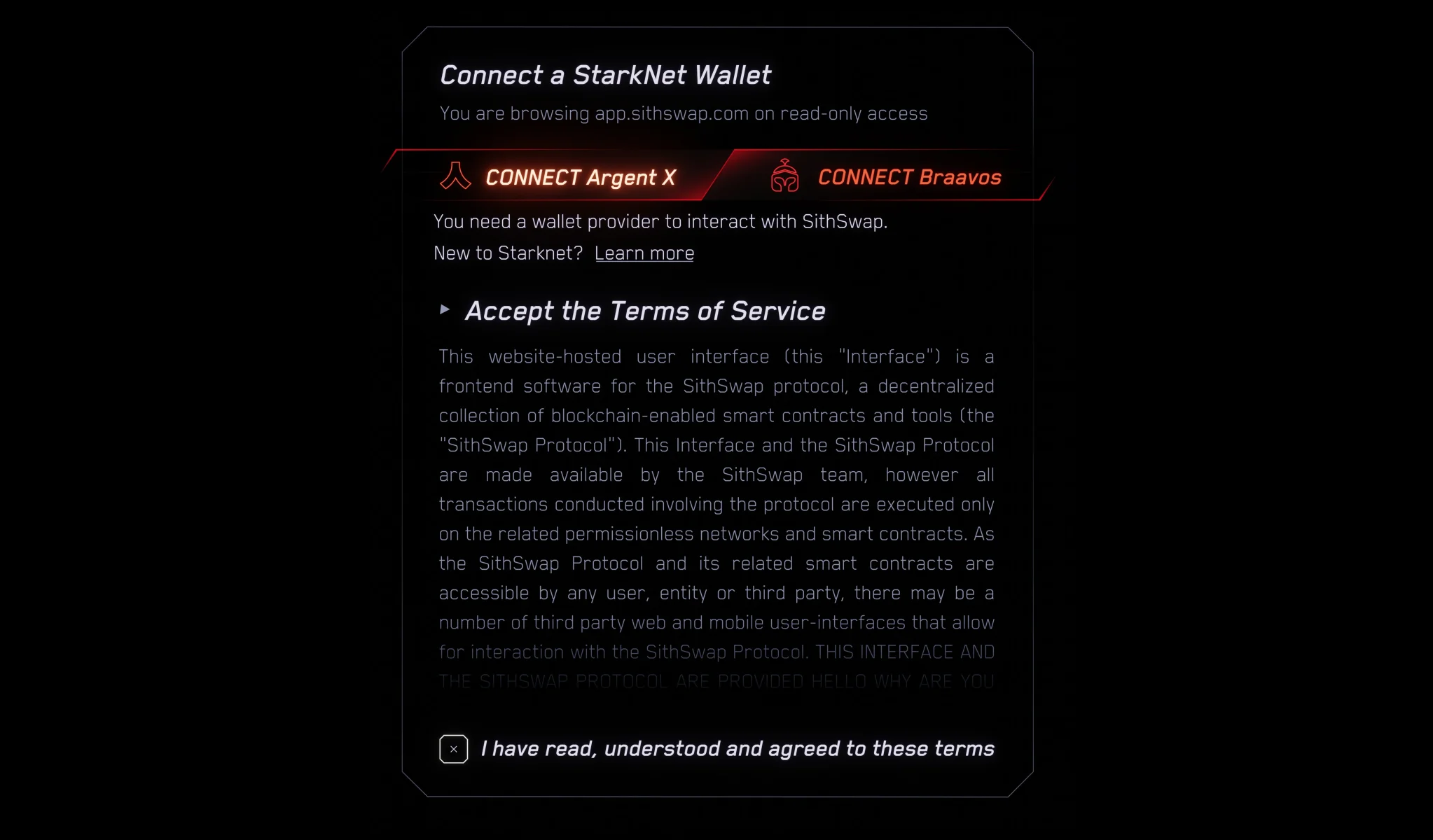 Sithswap — UI First Time Connect View v1.0